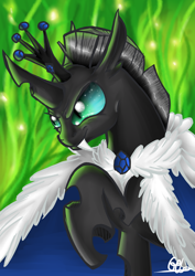 Size: 900x1273 | Tagged: safe, artist:gela98, oc, oc only, changeling, clothes, crown, raised hoof, robe, solo