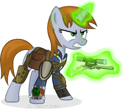 Size: 4409x3882 | Tagged: safe, artist:vector-brony, oc, oc only, oc:littlepip, pony, unicorn, fallout equestria, clothes, cutie mark, fallout, fanfic, fanfic art, female, glowing horn, gritted teeth, gun, handgun, holster, hooves, horn, levitation, little macintosh, magic, mare, optical sight, pipbuck, revolver, saddle bag, simple background, solo, teeth, telekinesis, transparent background, vault suit, vector, weapon