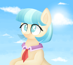 Size: 1000x900 | Tagged: safe, artist:devillefort, coco pommel, earth pony, pony, cloud, female, mare, necktie, sky, smiling, solo