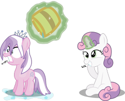 Size: 13233x10647 | Tagged: safe, artist:bigdream64, diamond tiara, sweetie belle, earth pony, pony, unicorn, absurd resolution, female, filly, grin, gritted teeth, ice bucket challenge, levitation, lol, magic, simple background, sitting, smiling, sweetie belle's magic brings a great big smile, sweetie troll, telekinesis, transparent background, vector, wet mane