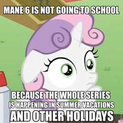 Size: 500x500 | Tagged: safe, sweetie belle, pony, unicorn, cutie mark crusaders, exploitable meme, female, filly, horn, image macro, meme, solo, sudden clarity sweetie belle, text, two toned mane, white coat, wide eyes