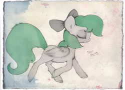 Size: 3762x2722 | Tagged: safe, artist:kamikazelenna, oc, oc only, oc:silver cloud, earth pony, pony, bow, solo, traditional art, watercolor painting