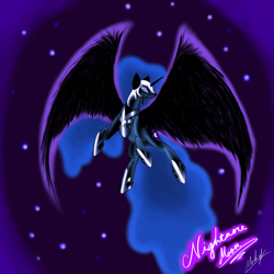 Size: 2000x2000 | Tagged: safe, artist:xxmarkingxx, nightmare moon, fangs, flying, smirk, solo, spread wings