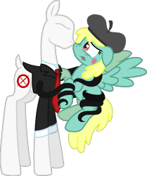 Size: 863x1033 | Tagged: safe, artist:starryoak, sassaflash, slendermane, oc, pegasus, pony, background pony, beret, blushing, canon x oc, female, hat, male, ponified, shipping, simple background, slenderman, straight, transparent background, wingboner