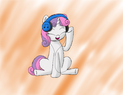 Size: 3233x2500 | Tagged: safe, artist:dash4700, sweetie belle, cute, eyes closed, groovy, headphones, music, older, simple background, sitting, solo, wub