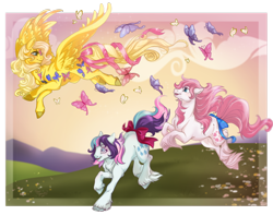 Size: 900x710 | Tagged: safe, artist:cigarscigarettes, dancing butterflies, gingerbread, sundance, butterfly, earth pony, pegasus, pony, g1, bow, female, flying, mare, ribbon, running, tail bow, trio, twice as fancy ponies, unshorn fetlocks