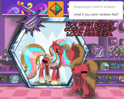 Size: 1000x800 | Tagged: safe, artist:atomi-cat, artist:melissathehedgehog, oc, oc only, oc:pun, earth pony, pony, ask, ask pun, mirror, mystery box of plot importance, plushie, rainbow power, rainbow power-ified, toy, tumblr