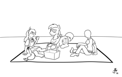 Size: 1280x813 | Tagged: safe, artist:invertigo, big macintosh, oc, oc:darcy, oc:femanon, earth pony, pony, satyr, male, monochrome, offspring, parent:big macintosh, picnic, picnic basket, picnic blanket, stallion