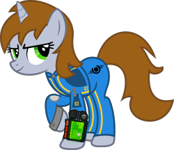 Size: 3964x3422 | Tagged: dead source, safe, artist:incognito-i, oc, oc only, oc:littlepip, pony, unicorn, fallout equestria, fallout, fanfic, fanfic art, female, mare, pipbuck, simple background, solo, transparent background, vault suit, vector