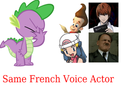 Size: 1024x768 | Tagged: safe, spike, dragon, human, adolf hitler, dawn (pokémon), death note, downfall, exploitable meme, facepalm, french, jimmy neutron, light yagami, male, meme, obligatory pony, op is wrong, pokémon, same voice actor, wrong