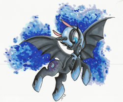 Size: 600x498 | Tagged: safe, artist:tinyunicornfarm, nightmare moon, flying, looking down, solo, traditional art