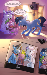 Size: 1280x2067 | Tagged: safe, artist:imsokyo, night light, spike, twilight velvet, dragon, angry, camera, clothes, daily life of spike, embarrassed, faic, frown, glare, photo, screaming, smiling, speech bubble, spike is not amused, spike's family, suit, tumblr, twilight velvet is not amused, unamused, varying degrees of want, wavy mouth