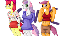 Size: 1784x988 | Tagged: safe, artist:mojo1985, apple bloom, scootaloo, sweetie belle, anthro, cleavage, clothes, cutie mark crusaders, dress, female, midriff, skirt, tanktop