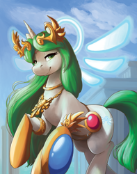 Size: 800x1013 | Tagged: safe, artist:ajin, pony, unicorn, goddess, kid icarus, kid icarus: uprising, palutena, ponified, raised hoof, smiling, solo