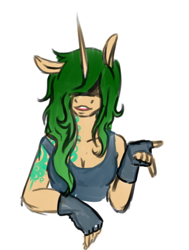 Size: 500x661 | Tagged: safe, artist:twitchygreyfox, oc, oc only, oc:splendid sigh, anthro, unicorn, clothes, hair over eyes, tattoo