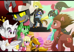 Size: 1748x1240 | Tagged: safe, artist:blazemizu, alicorn, changeling, pegasus, pony, unicorn, bipedal, bowtie, calhoun, candlehead, changelingified, clothes, crown, fix-it felix jr., hat, king candy, ponified, rancis fluggerbutter, sugar rush, taffyta muttonfudge, turbo, vanellope von schweetz, wreck-it ralph