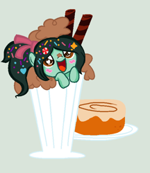 Size: 587x679 | Tagged: safe, artist:moonlight-the-pony, artist:raziefim, cinnamon bun, glass, plate, ponified, solo, vanellope von schweetz, wreck-it ralph