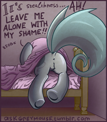 Size: 848x965 | Tagged: safe, artist:az-pekt, oc, oc only, oc:grey mouse, bat pony, pony, anus, ask grey mouse, bed, covering, covering face, cowering, dialogue, dock, embarrassed, female, hiding, mare, nudity, plot, pubic fluff, raised tail, simplistic anus, sobbing, solo, tail, text, underhoof, wat
