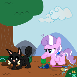 Size: 1000x1000 | Tagged: safe, artist:magerblutooth, diamond tiara, oc, oc:dazzle, cat, dog, mouse, cat toy, cloud, digging, flower, tree