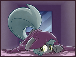 Size: 1280x960 | Tagged: safe, artist:az-pekt, oc, oc only, oc:grey mouse, bat pony, pony, ass up, bat pony oc, bed, blanket, cute, face down ass up, female, hiding, looking at you, mare, pillow, solo, underhoof