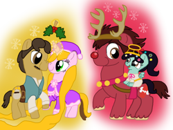 Size: 1600x1200 | Tagged: safe, artist:dulcechica19, angel, pegasus, pony, unicorn, boop, christmas, clothes, costume, dress, eye contact, female, flynn rider, halo, holding hooves, holly, holly mistaken for mistletoe, male, noseboop, open mouth, ponies riding ponies, ponified, rapunzel, rudolph the red nosed reindeer, shipping, sitting, smiling, snow, snowflake, straight, tangled (disney), vanellope von schweetz, wreck-it ralph