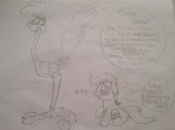 Size: 2068x1534 | Tagged: safe, scootaloo, forever alone, looney tunes, meme, monochrome, road runner, sad, traditional art