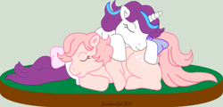 Size: 737x354 | Tagged: safe, artist:gundamcat, cotton candy (g1), glory, earth pony, pony, unicorn, g1, 2011, bow, butt, butt pillow, cute, duo, kindness, sleeping