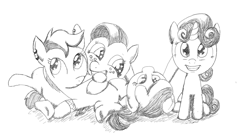 Size: 1272x681 | Tagged: safe, artist:paucity-luxuriance, apple bloom, babs seed, scootaloo, sweetie belle, cutie mark crusaders, earring, monochrome, piercing