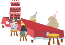 Size: 900x632 | Tagged: safe, artist:spaceponies, madame leflour, mr. turnip, rocky, sir lintsalot, party of one, bucket, cake, dust bunny, food, hat, no pony, party hat, rock, sack, simple background, stool, table, tablecloth, transparent background, turnip, vector