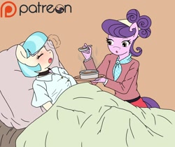 Size: 1280x1074 | Tagged: safe, artist:linedraweer, coco pommel, suri polomare, anthro, the saddle row review, blanket, cocopolo, collar, coughing, female, flu, food, lesbian, patreon, patreon logo, pet play, shipping, sick, soup, sweat