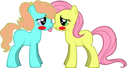 Size: 657x353 | Tagged: safe, bow tie (g1), posey, pony creator, g1, blush sticker, blushing, boop, eye contact, noseboop, smiling