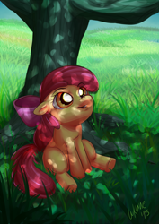 Size: 992x1402 | Tagged: safe, artist:lukane, artist:luliyoyo, apple bloom, earth pony, pony, adorabloom, blank flank, cute, female, filly, grass, sitting, solo, tree