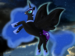 Size: 1024x768 | Tagged: dead source, safe, artist:lovelyseadragon, nightmare moon, alicorn, pony, flying, solo