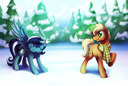 Size: 800x537 | Tagged: safe, artist:shinepawpony, oc, oc only, pegasus, pony, unicorn, clothes, magic, scarf, snow, snowball fight, tree, winter