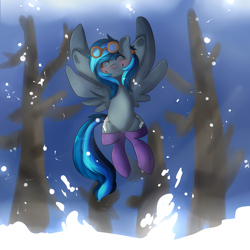 Size: 1024x1024 | Tagged: safe, artist:oddend, oc, oc only, oc:eternal feather, blushing, clothes, goggles, snow, snowfall, socks, solo, spread wings, wink