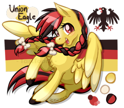 Size: 900x780 | Tagged: safe, artist:taritoons, oc, oc only, oc:union eagle, pegasus, pony, blushing, braid, cute, germany, looking at you, nation ponies, open mouth, raised hoof, reference sheet, simple background, smiling, solo, spread wings, transparent background, unshorn fetlocks