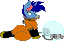 Size: 1280x836 | Tagged: safe, artist:forgotten-remnant, oc, oc only, oc:ryo, pony, unicorn, boots, hazmat suit, helmet, lying down