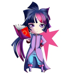 Size: 2000x2000 | Tagged: safe, artist:0ryomamikado0, dusk shine, twilight sparkle, human, alternate hairstyle, book, chibi, humanized, looking at you, magic, ponytail, rule 63, smirk, solo, telekinesis