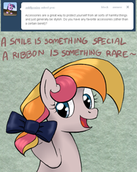 Size: 659x822 | Tagged: safe, artist:ambrosebuttercrust, toola roola, g3, ask, ask toola roola, bow, hair bow, ribbon, solo, tumblr