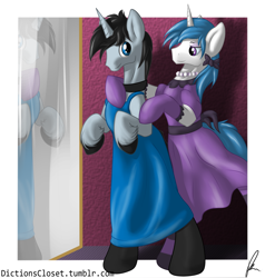 Size: 2569x2703 | Tagged: safe, artist:diction, oc, oc only, oc:frost bright, oc:frost stormwind, pony, bipedal, choker, clothes, crossdressing, dress, evening gloves, eyeshadow, mirror, pearl, ribbon, smiling, stockings, unshorn fetlocks