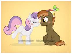 Size: 800x599 | Tagged: safe, artist:thephoebster, button mash, sweetie belle, blushing, boop, colt, cute, eyes closed, female, filly, male, noseboop, shipping, smiling, straight, sweetiemash