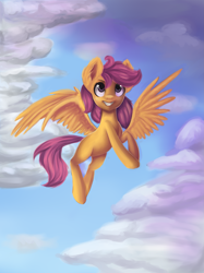 Size: 2437x3256 | Tagged: safe, artist:salatopony, scootaloo, cloud, cloudy, flying, high res, scootaloo can fly, sky, solo