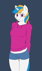 Size: 3000x5000 | Tagged: safe, artist:thermalcake, oc, oc only, anthro, unicorn, belly button, clothes, commission, cute, daisy dukes, female, hands behind back, hoodie, midriff, shorts, solo, standing