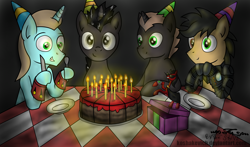 Size: 2540x1490 | Tagged: safe, artist:koshakevich, artist:setharu, artist:thestive19, oc, oc only, oc:judge, oc:set, oc:tinker trivia, earth pony, pony, unicorn, birthday cake, cake, candle, food, grin, happy birthday, hat, heterochromia, looking at you, male, party hat, plate, silverware, smiling, stallion, table