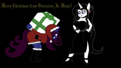 Size: 1920x1080 | Tagged: safe, artist:thelordofdust, oc, oc only, oc:maneia, oc:nocturna, anthro, unicorn, belt, boots, choker, christmas, clothes, dress, female, hand on hip, hat, holiday, human facial structure, megalomaneia, obsession is magic, present, santa costume, santa hat, smiling