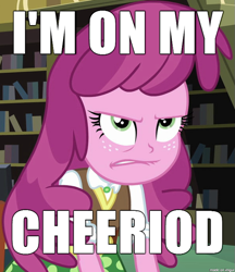 Size: 599x694 | Tagged: safe, screencap, cheerilee, equestria girls, angry, caption, cheerilee is unamused, frown, glare, image macro, lip bite, meme, menstruation, pun, solo