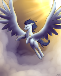 Size: 4000x5000 | Tagged: safe, artist:azarathedragon, soarin', pegasus, pony, angry, cloud, flying, large wings, male, old cutie mark, solo, stallion, sun, wings