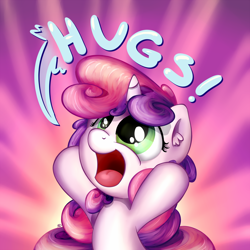 Size: 1400x1400 | Tagged: safe, artist:bobdude0, sweetie belle, pony, unicorn, cute, dialogue, diasweetes, female, filly, hug, open mouth, solo