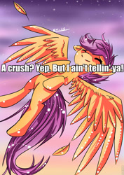 Size: 679x960 | Tagged: safe, artist:scootaloocuteness, scootaloo, ask, ask orphan scootaloo, cute, eyes closed, feather, flying, scootaloo can fly, smiling, solo, spread wings, tumblr