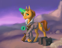 Size: 902x700 | Tagged: safe, artist:adeptus-monitus, oc, oc only, pony, unicorn, fallout equestria, gun, magic, military, rifle, solo, wasteland, weapon